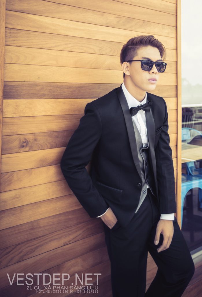Bộ vest nam cổ sam đen bóng