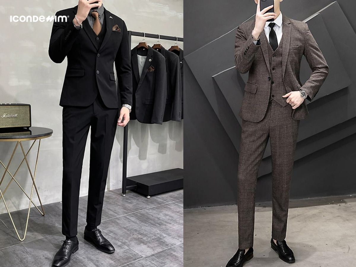 Bộ vest nam công sở màu navy phối cùng giày tây sang trọng