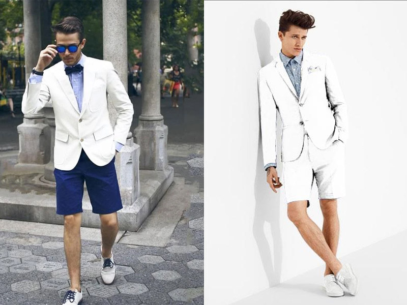 Áo blazer nam linen trắng phối cùng quần short be đi biển