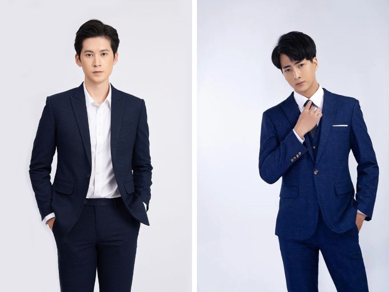 Vest nam Hàn Quốc công sở màu navy phối sơ mi trắng