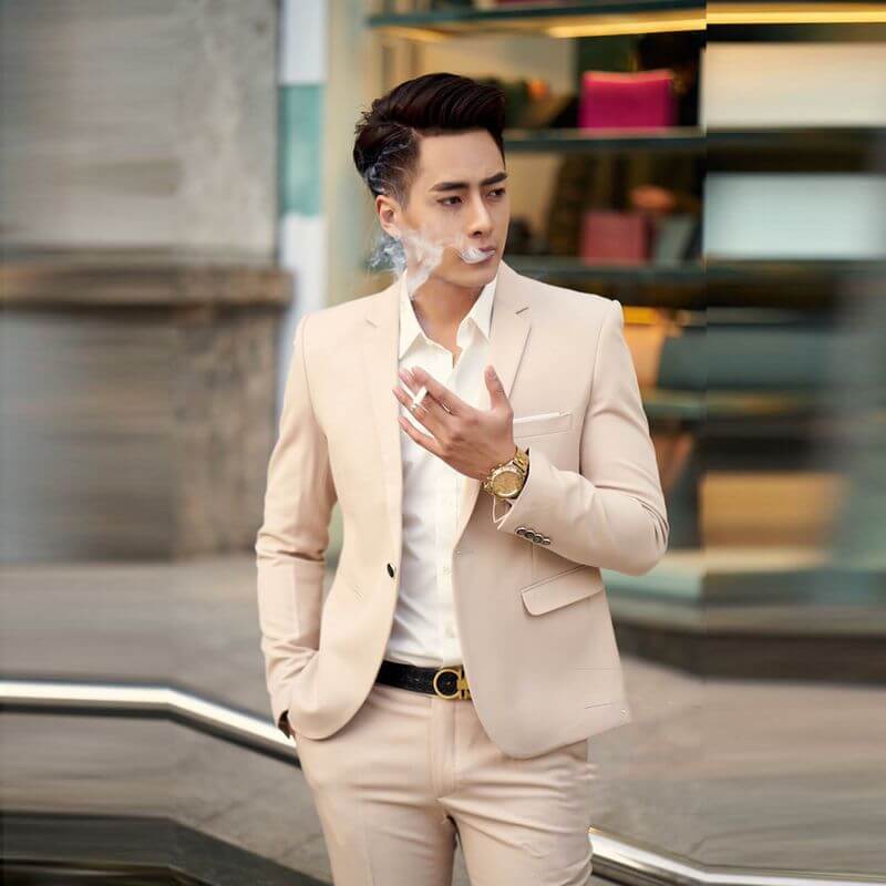 Vest nam Hàn Quốc dự tiệc màu beige phối áo sơ mi không cà vạt