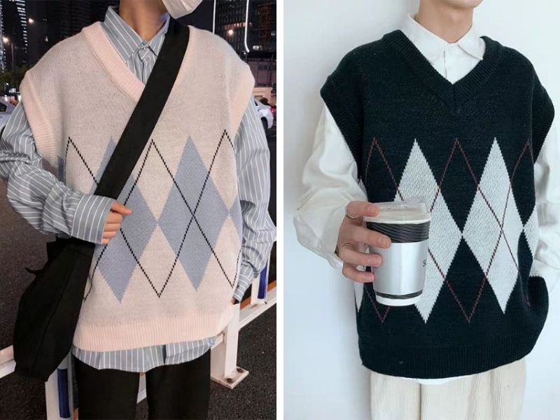 "Street style nam Hàn Quốc với áo gile len họa tiết argyle