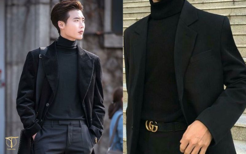 Vest nam caro phong cách business casual với áo cổ lọ đen