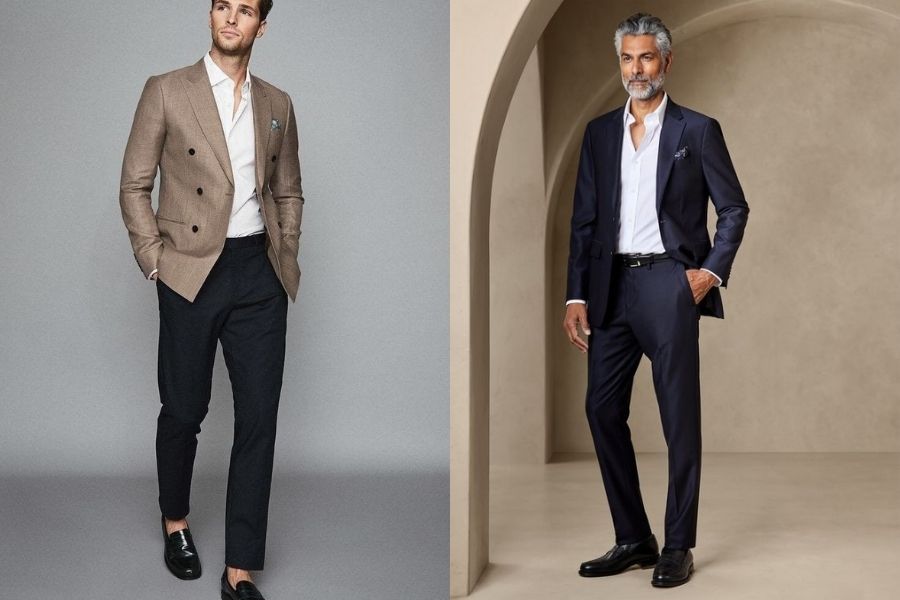 Bộ vest nam slim-fit hiện đại kết hợp giày da derby