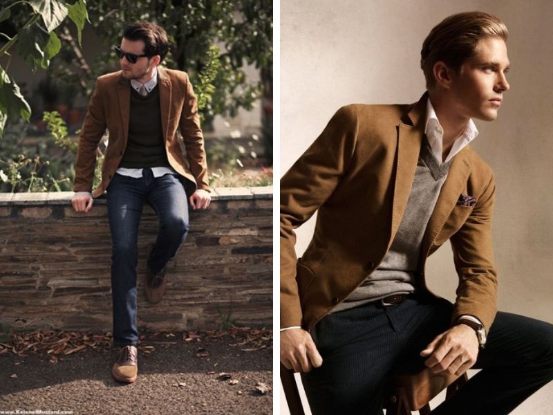 Vest màu be kết hợp áo thun đen mang phong cách smart-casual