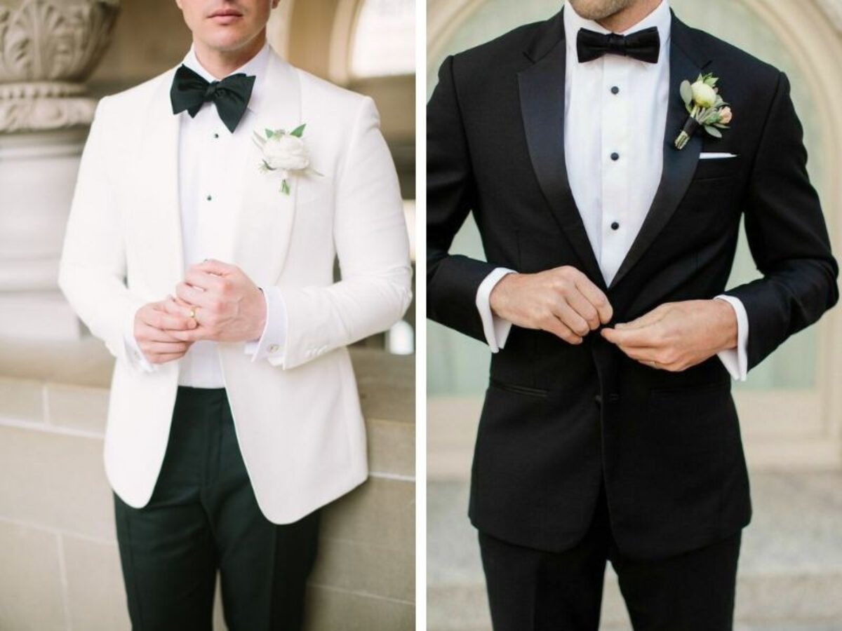 Vest tuxedo chú rể sang trọng với ve áo satin và nơ bướm